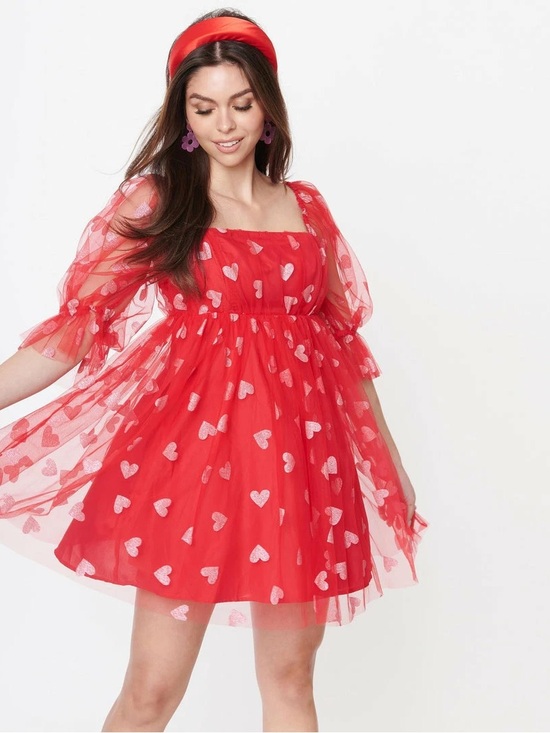 Smak Parlour Dresses & Skirts - Red Heart-Print Mini Dress - Feminine Puff Sleeve Style
